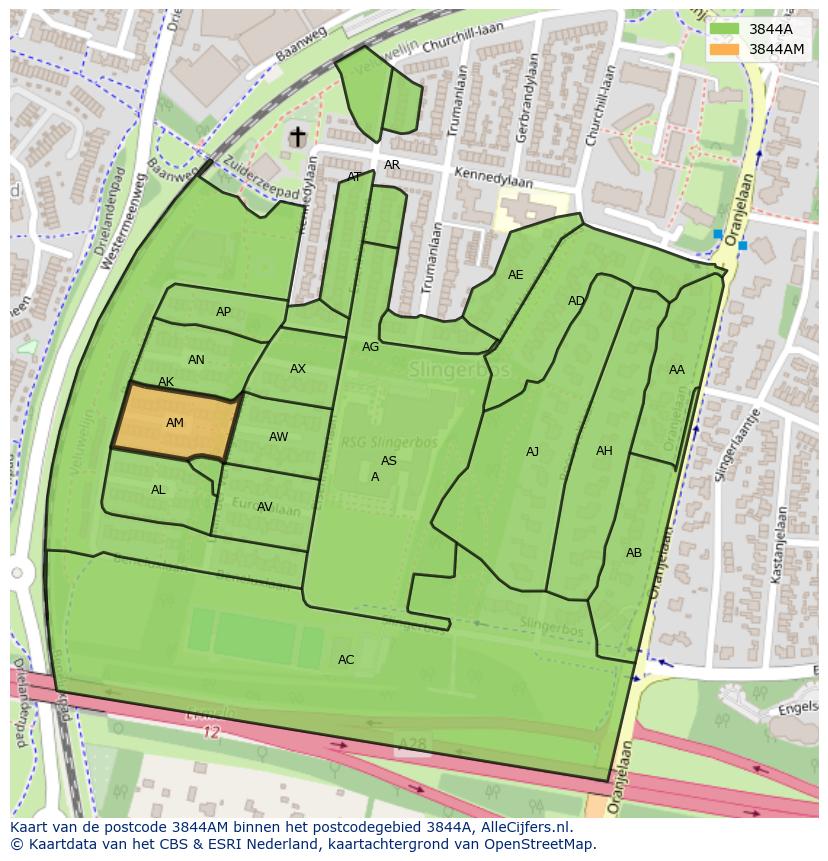 Afbeelding van het postcodegebied 3844 AM op de kaart.