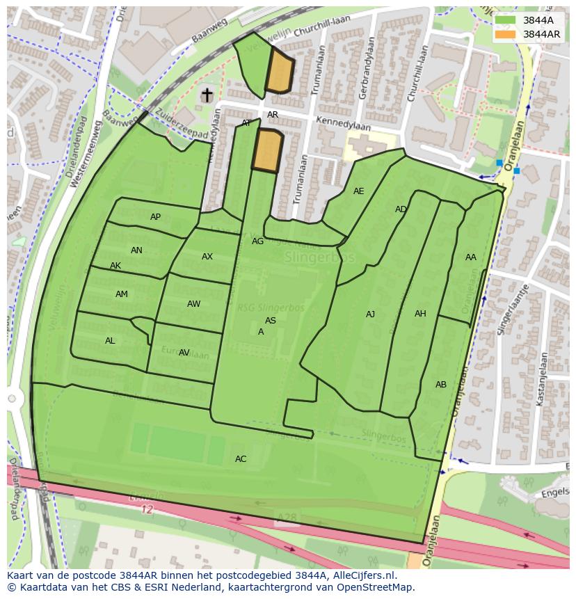Afbeelding van het postcodegebied 3844 AR op de kaart.
