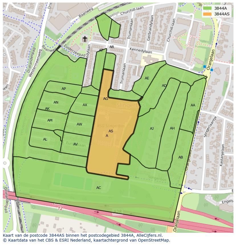 Afbeelding van het postcodegebied 3844 AS op de kaart.