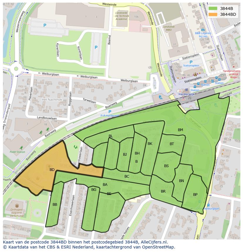 Afbeelding van het postcodegebied 3844 BD op de kaart.