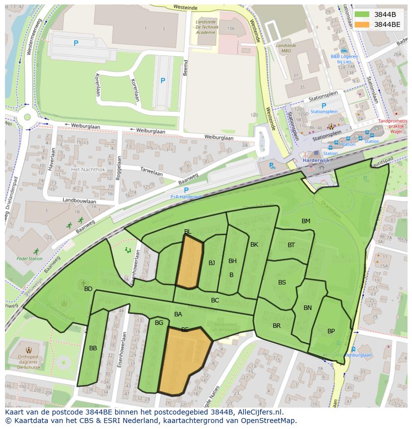 Afbeelding van het postcodegebied 3844 BE op de kaart.
