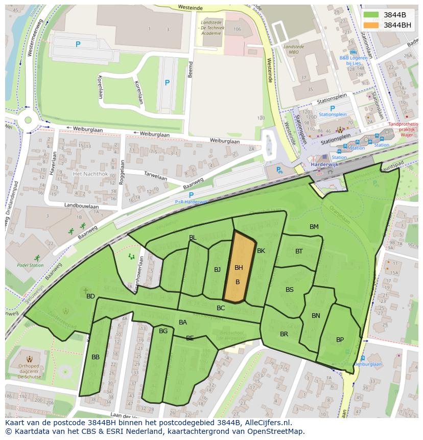 Afbeelding van het postcodegebied 3844 BH op de kaart.
