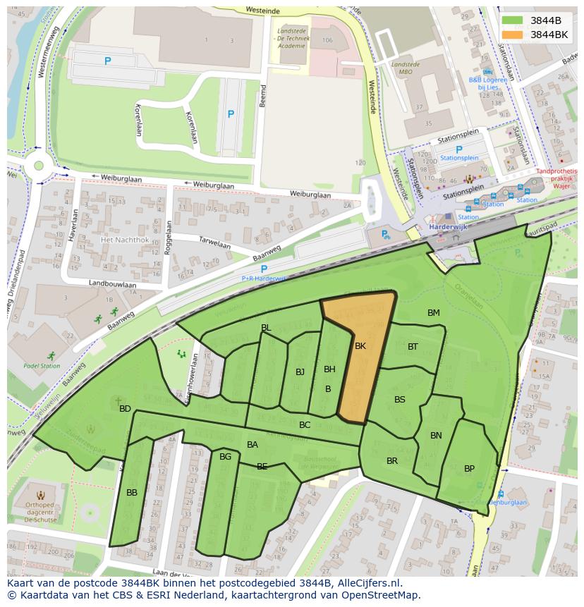 Afbeelding van het postcodegebied 3844 BK op de kaart.