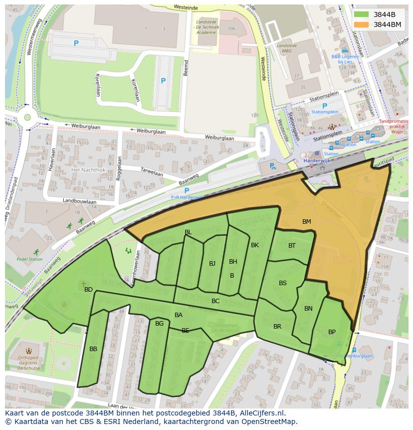 Afbeelding van het postcodegebied 3844 BM op de kaart.