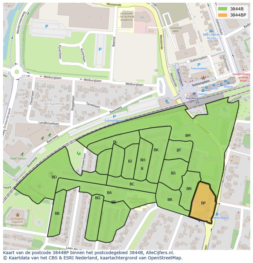 Afbeelding van het postcodegebied 3844 BP op de kaart.
