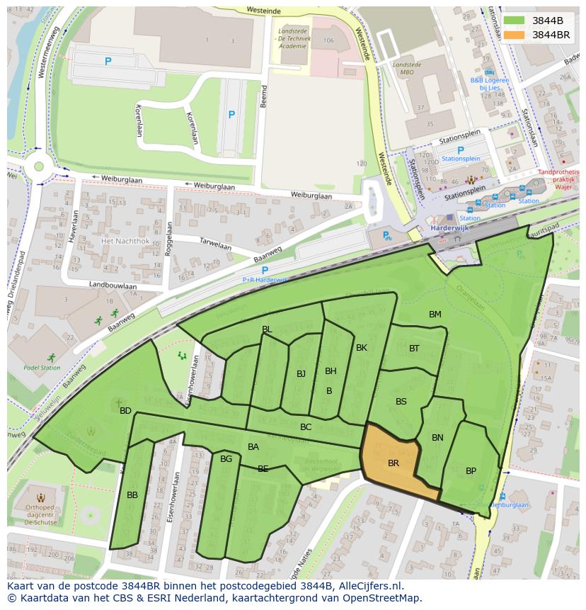 Afbeelding van het postcodegebied 3844 BR op de kaart.