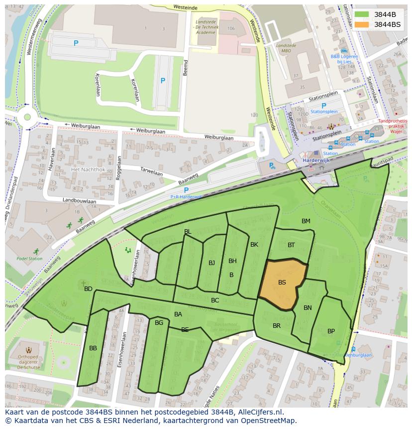Afbeelding van het postcodegebied 3844 BS op de kaart.