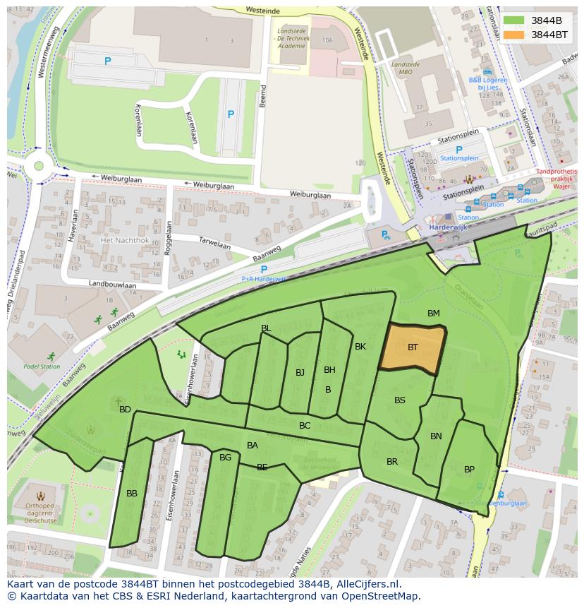 Afbeelding van het postcodegebied 3844 BT op de kaart.