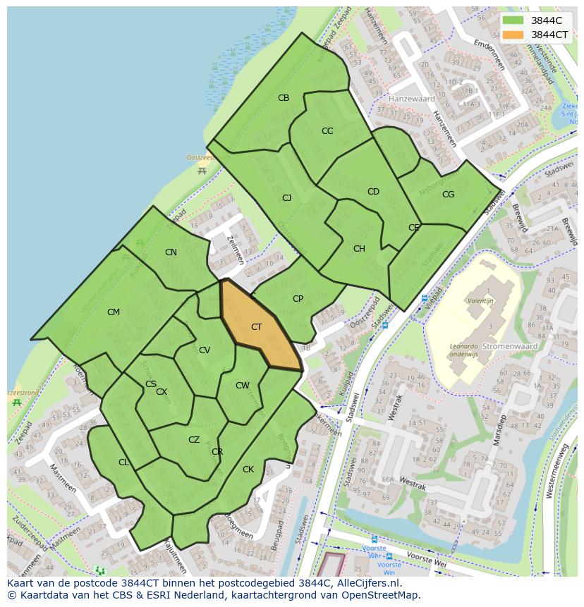 Afbeelding van het postcodegebied 3844 CT op de kaart.