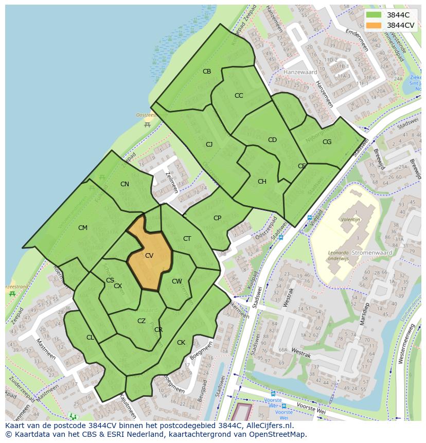 Afbeelding van het postcodegebied 3844 CV op de kaart.