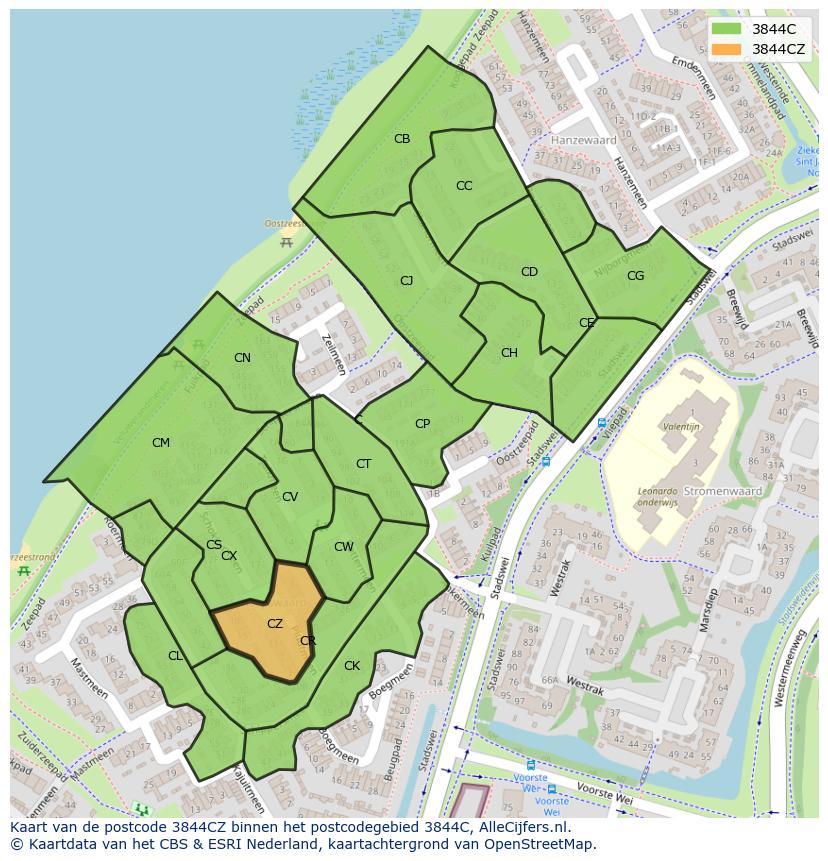 Afbeelding van het postcodegebied 3844 CZ op de kaart.