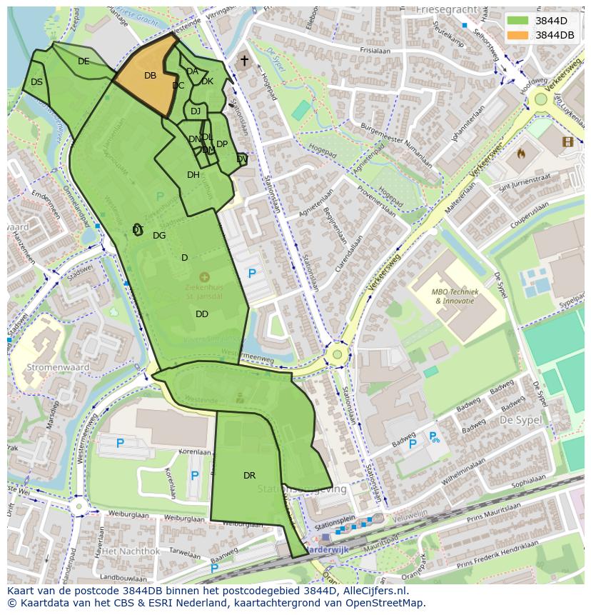Afbeelding van het postcodegebied 3844 DB op de kaart.