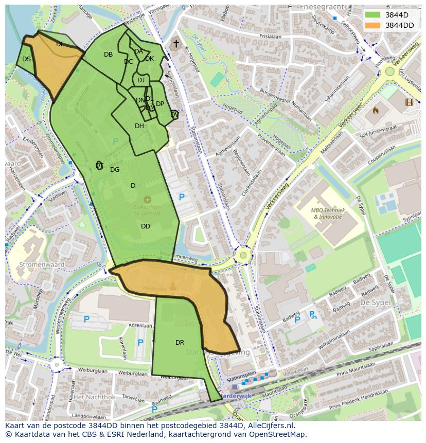 Afbeelding van het postcodegebied 3844 DD op de kaart.
