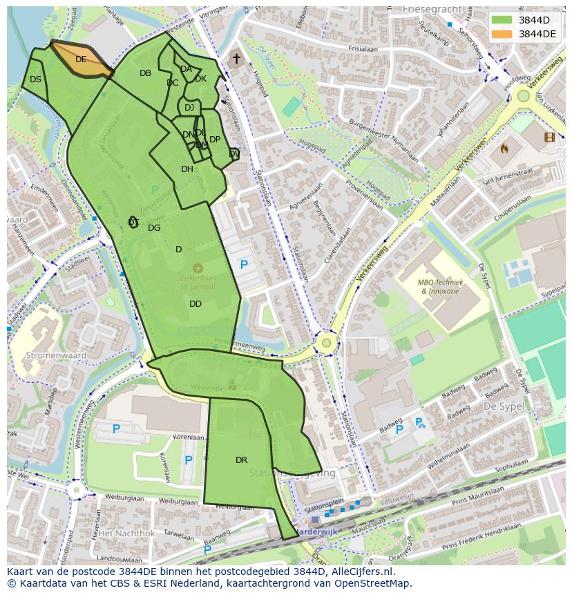 Afbeelding van het postcodegebied 3844 DE op de kaart.