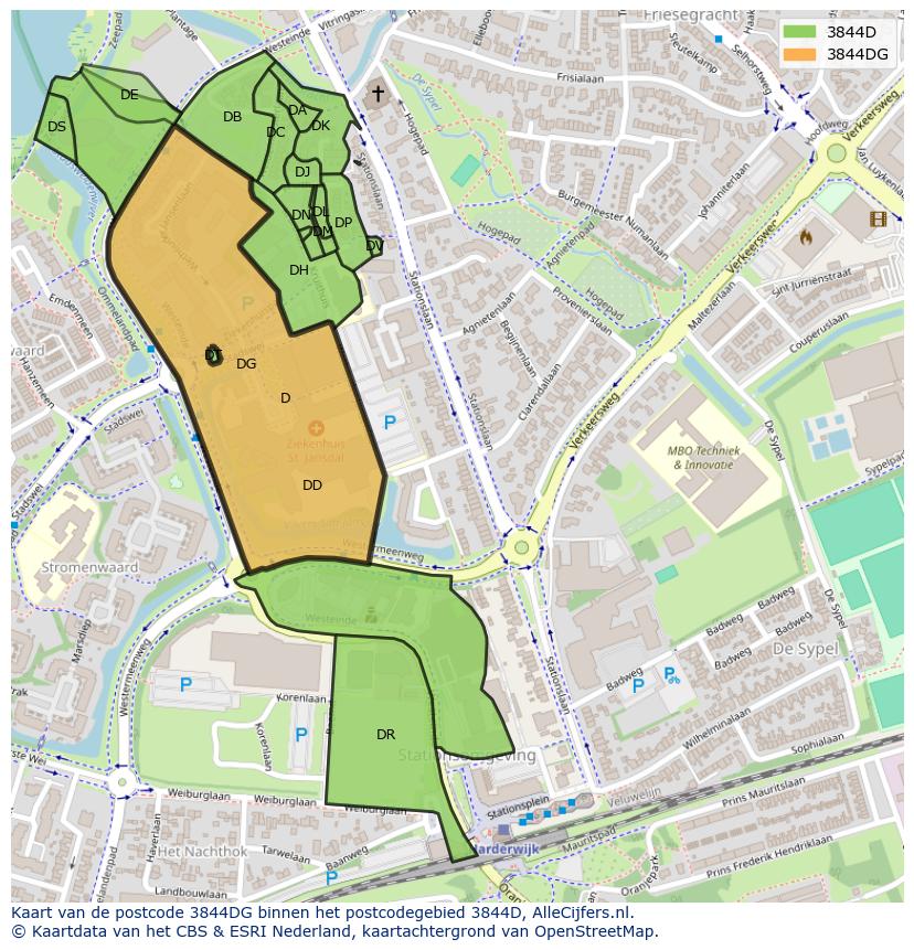 Afbeelding van het postcodegebied 3844 DG op de kaart.