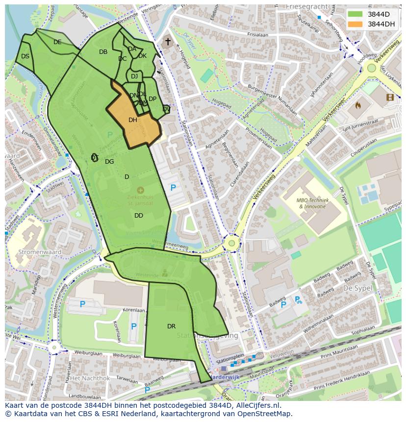 Afbeelding van het postcodegebied 3844 DH op de kaart.