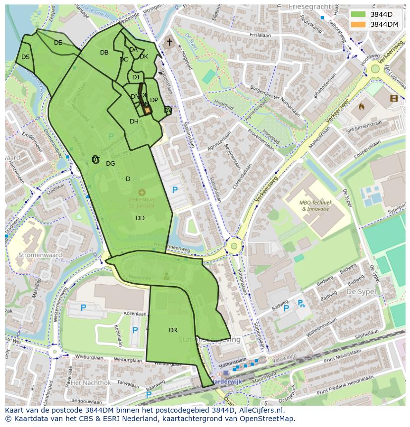 Afbeelding van het postcodegebied 3844 DM op de kaart.