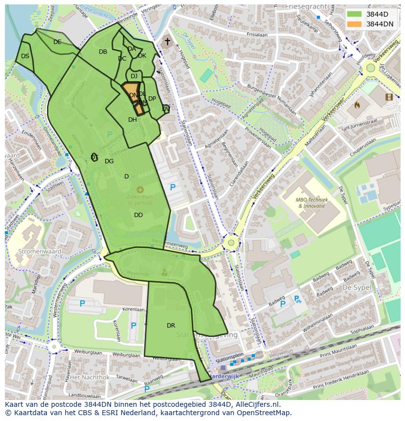 Afbeelding van het postcodegebied 3844 DN op de kaart.