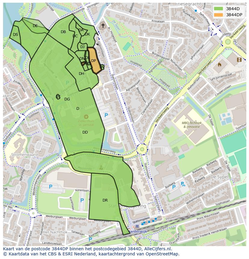 Afbeelding van het postcodegebied 3844 DP op de kaart.