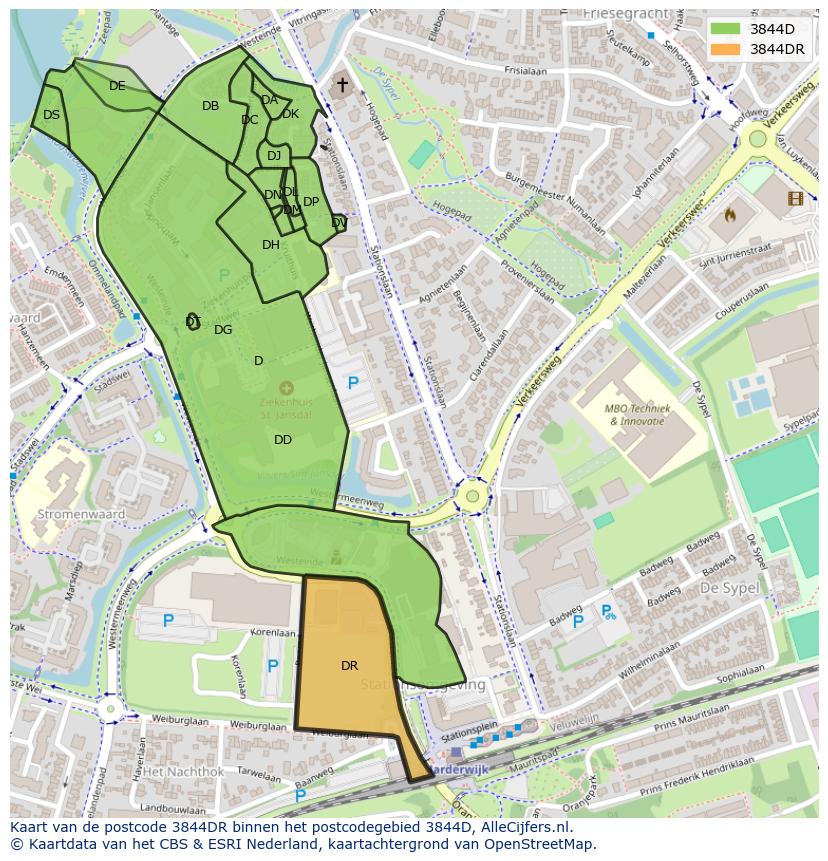 Afbeelding van het postcodegebied 3844 DR op de kaart.