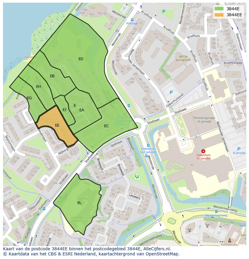 Afbeelding van het postcodegebied 3844 EE op de kaart.