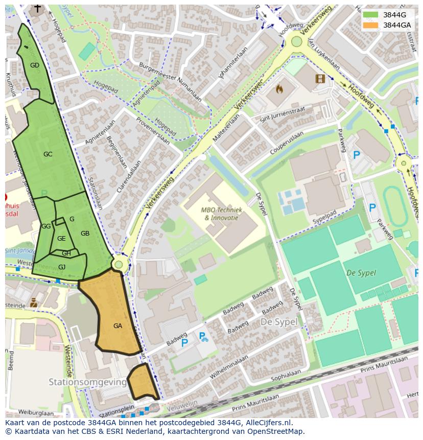 Afbeelding van het postcodegebied 3844 GA op de kaart.