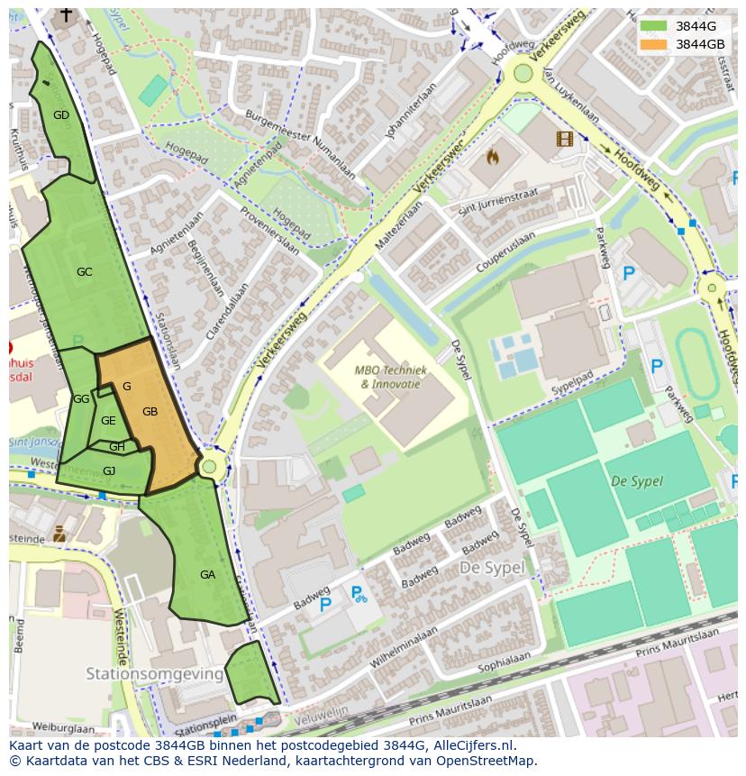 Afbeelding van het postcodegebied 3844 GB op de kaart.