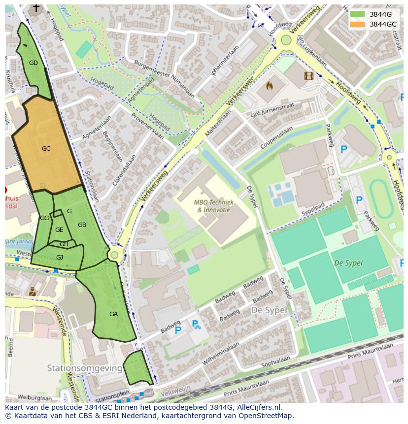 Afbeelding van het postcodegebied 3844 GC op de kaart.
