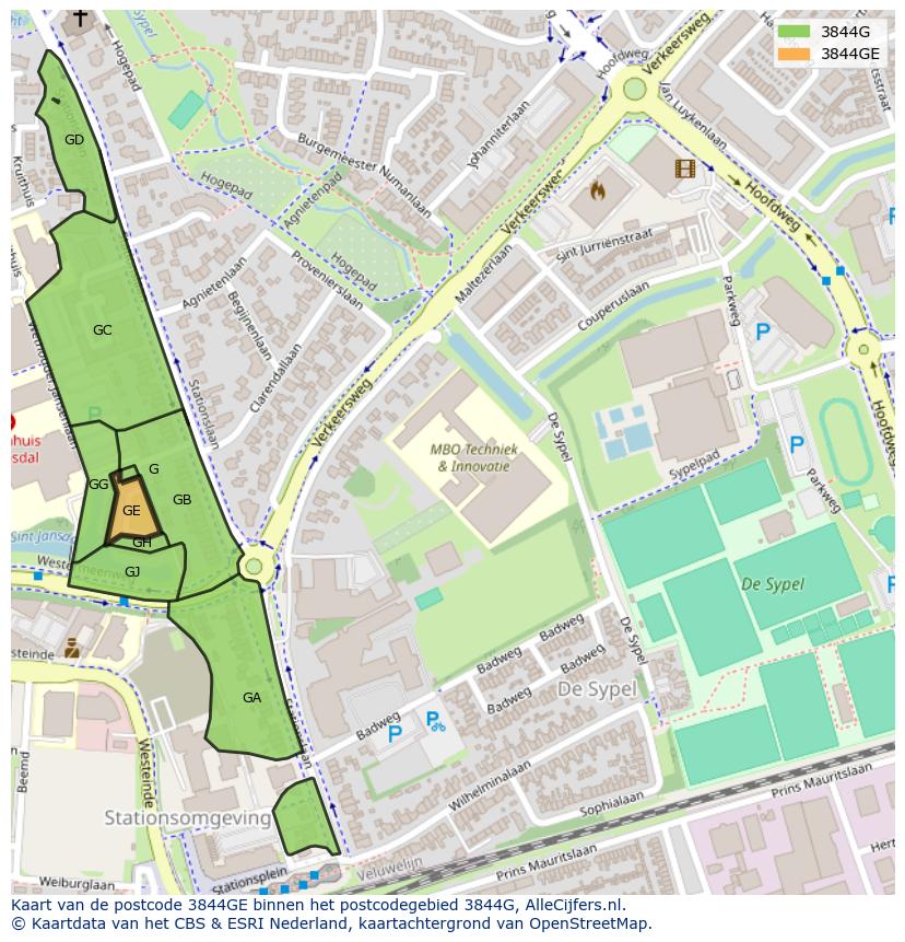 Afbeelding van het postcodegebied 3844 GE op de kaart.