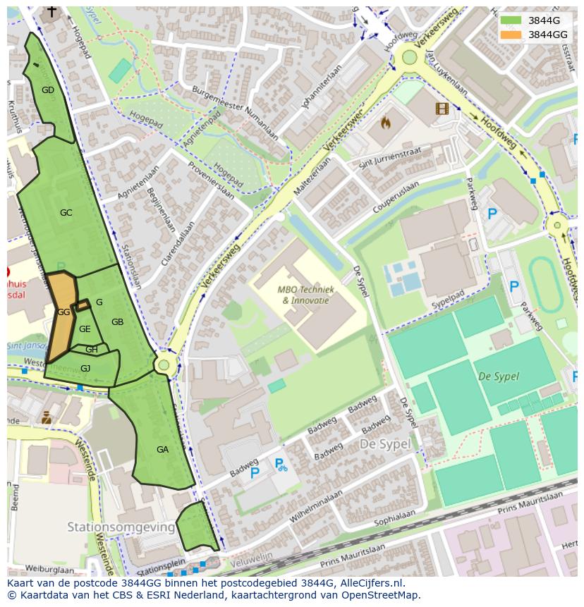 Afbeelding van het postcodegebied 3844 GG op de kaart.