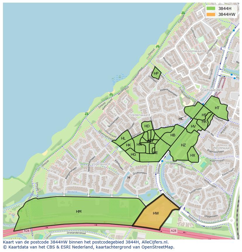 Afbeelding van het postcodegebied 3844 HW op de kaart.