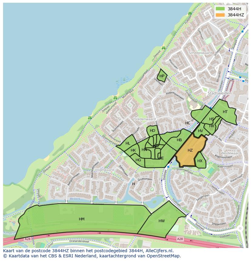 Afbeelding van het postcodegebied 3844 HZ op de kaart.