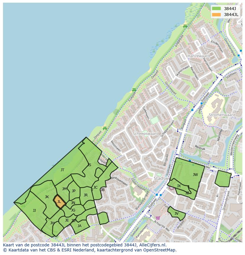 Afbeelding van het postcodegebied 3844 JL op de kaart.