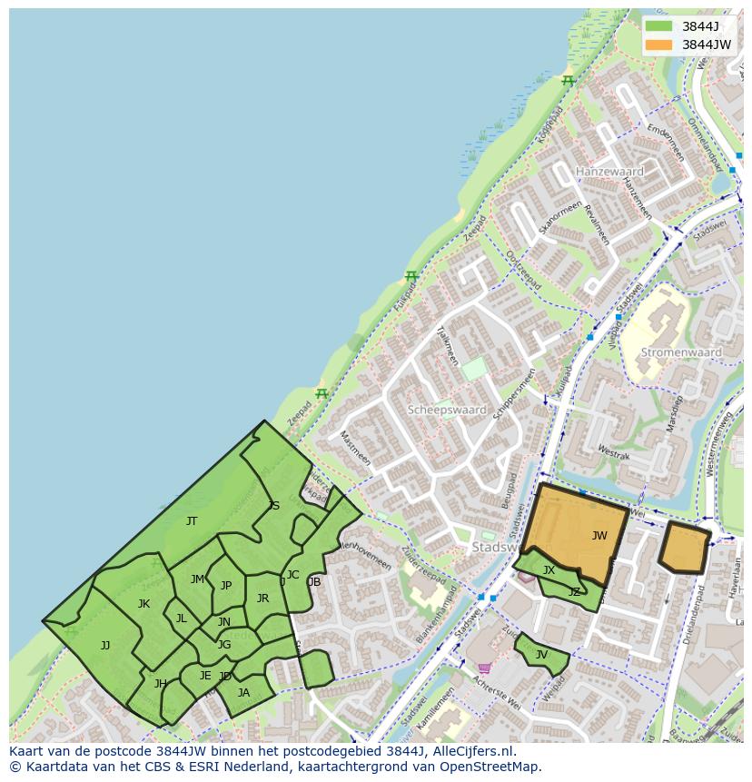 Afbeelding van het postcodegebied 3844 JW op de kaart.