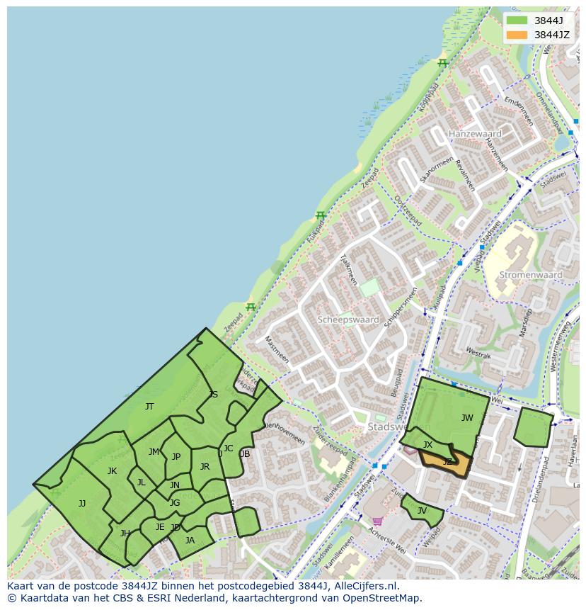 Afbeelding van het postcodegebied 3844 JZ op de kaart.