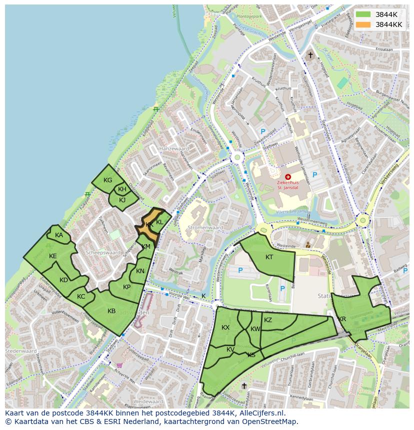 Afbeelding van het postcodegebied 3844 KK op de kaart.