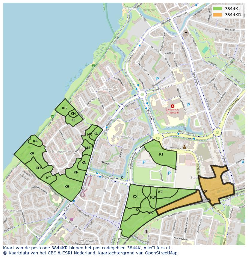 Afbeelding van het postcodegebied 3844 KR op de kaart.