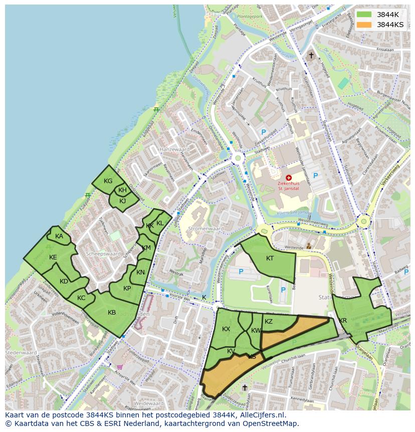 Afbeelding van het postcodegebied 3844 KS op de kaart.