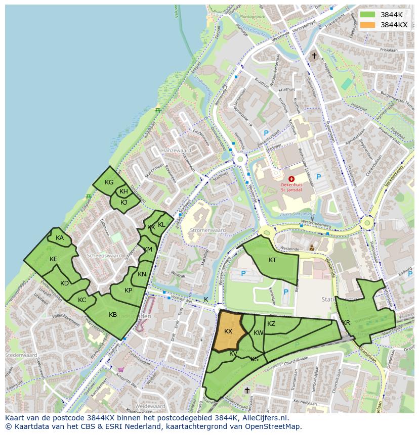 Afbeelding van het postcodegebied 3844 KX op de kaart.