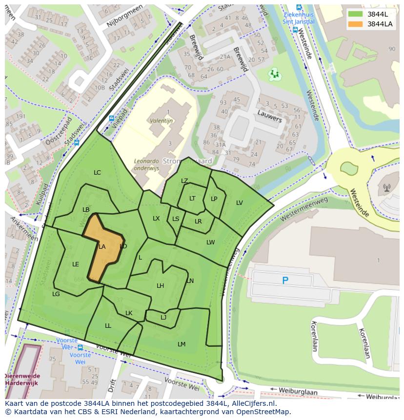 Afbeelding van het postcodegebied 3844 LA op de kaart.