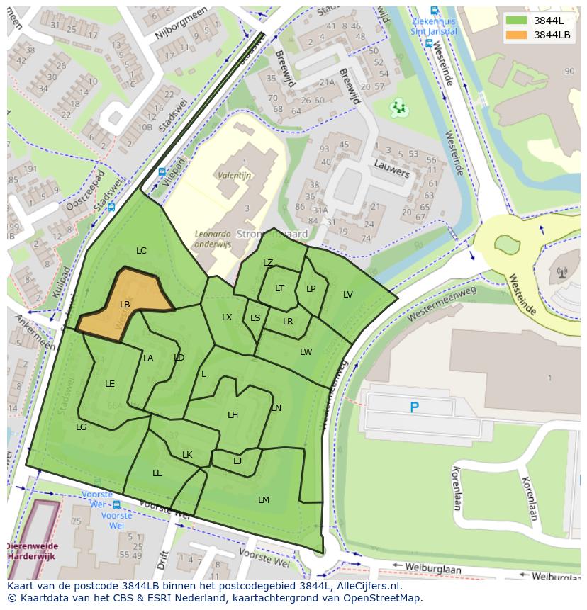 Afbeelding van het postcodegebied 3844 LB op de kaart.