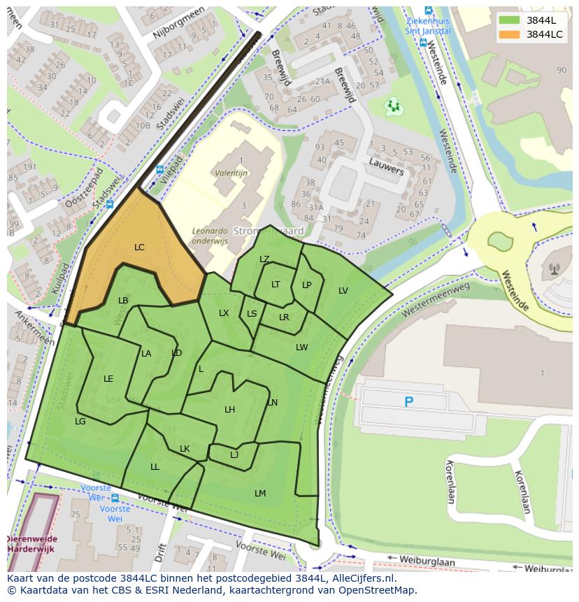 Afbeelding van het postcodegebied 3844 LC op de kaart.