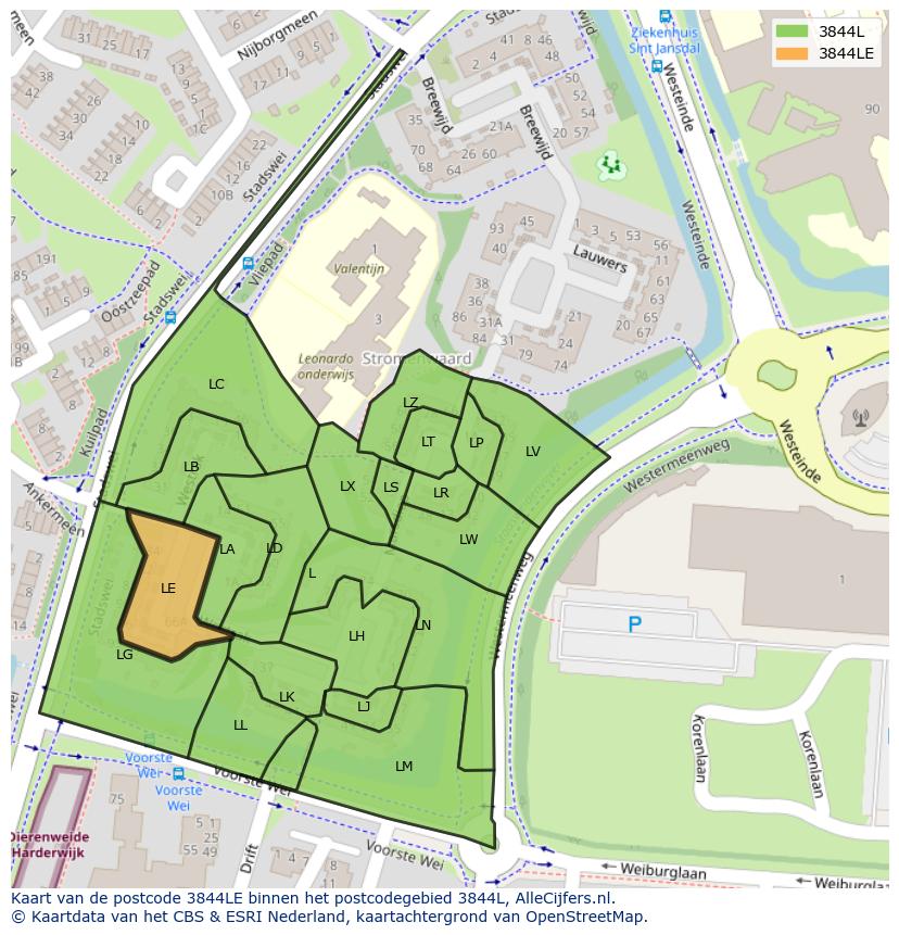 Afbeelding van het postcodegebied 3844 LE op de kaart.