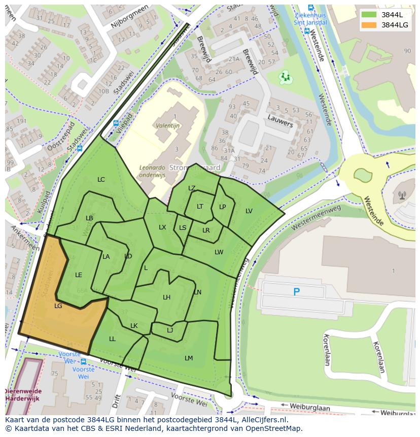 Afbeelding van het postcodegebied 3844 LG op de kaart.