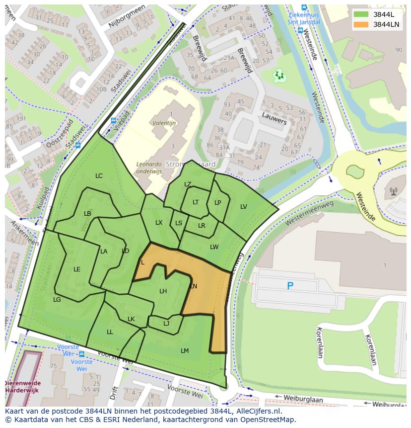 Afbeelding van het postcodegebied 3844 LN op de kaart.