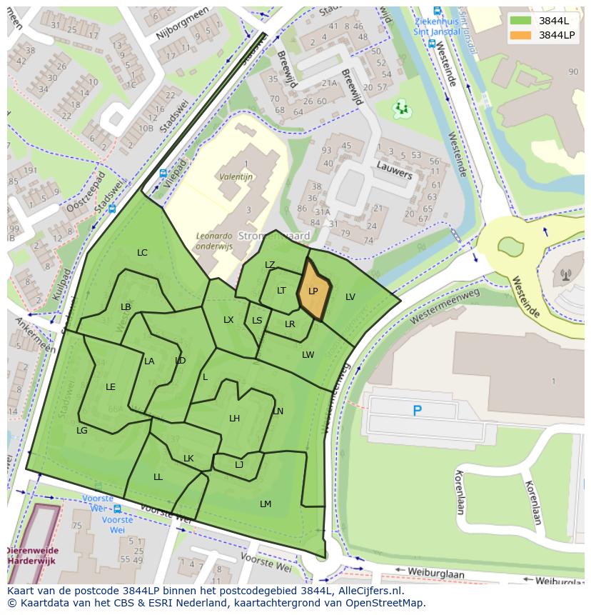 Afbeelding van het postcodegebied 3844 LP op de kaart.