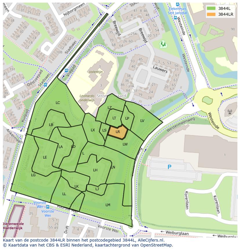 Afbeelding van het postcodegebied 3844 LR op de kaart.