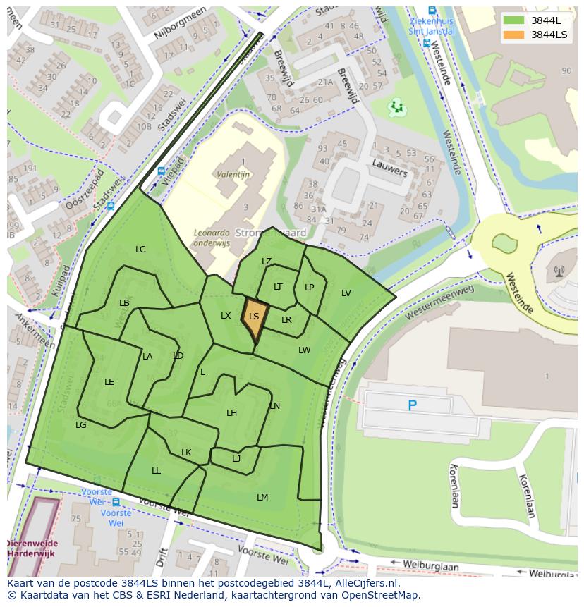 Afbeelding van het postcodegebied 3844 LS op de kaart.