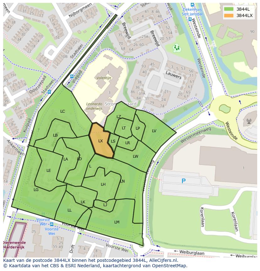 Afbeelding van het postcodegebied 3844 LX op de kaart.