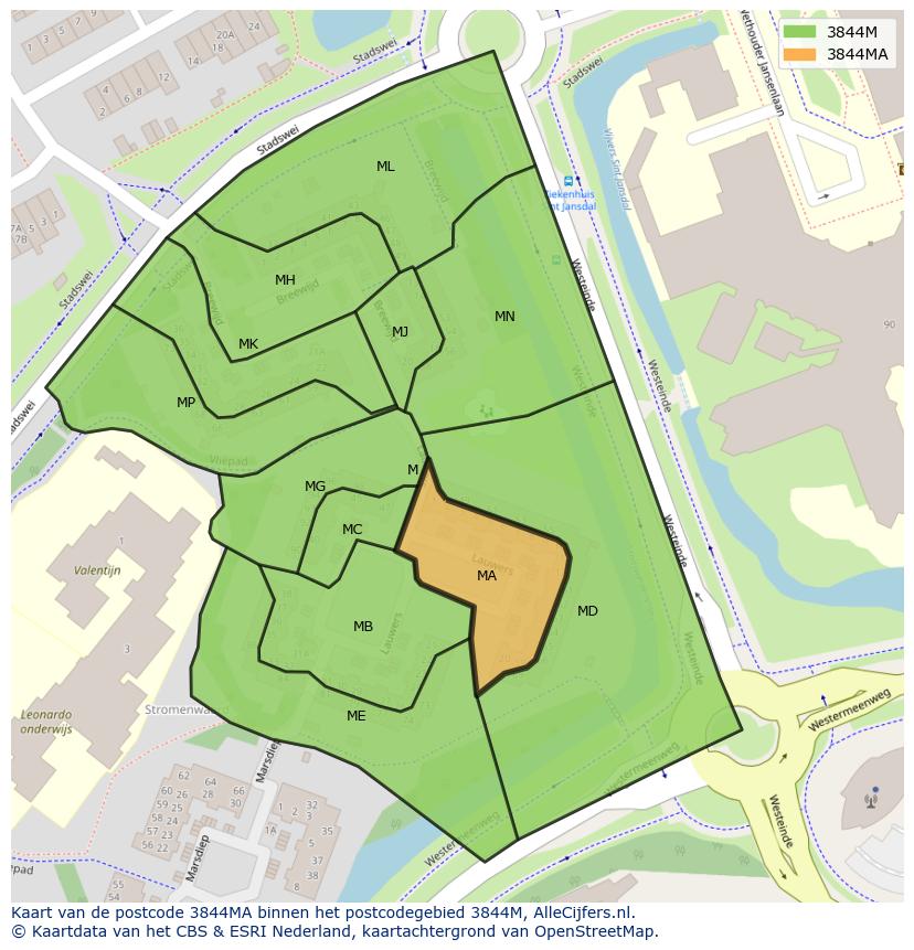 Afbeelding van het postcodegebied 3844 MA op de kaart.
